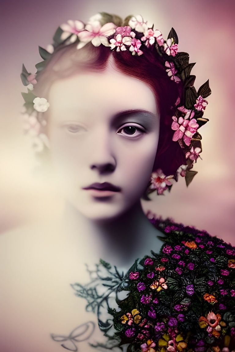 Beautiful Woman in Flowery Dress, Pre-Raphaelite Style