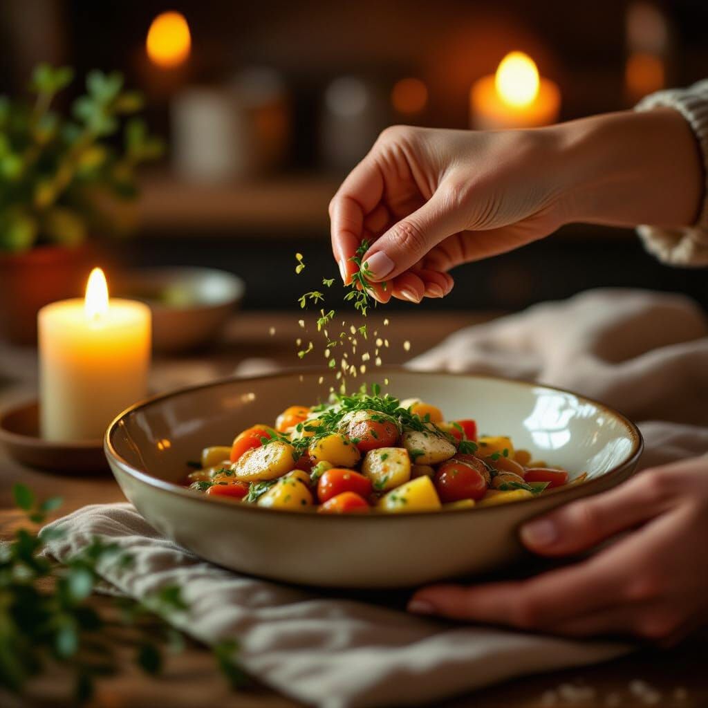 Hands Sprinkle Herbs on Meal with Candle