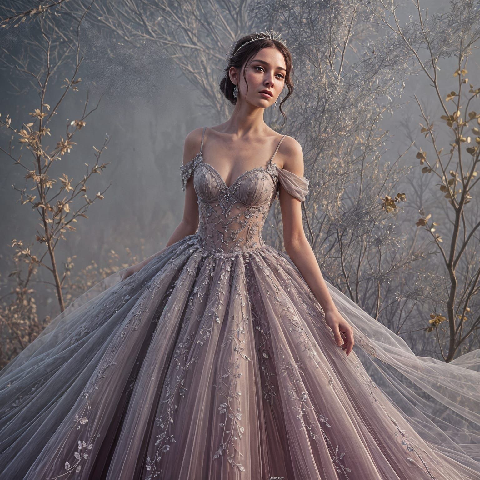 Elegant Tulle Gown in Fantasy Art Style