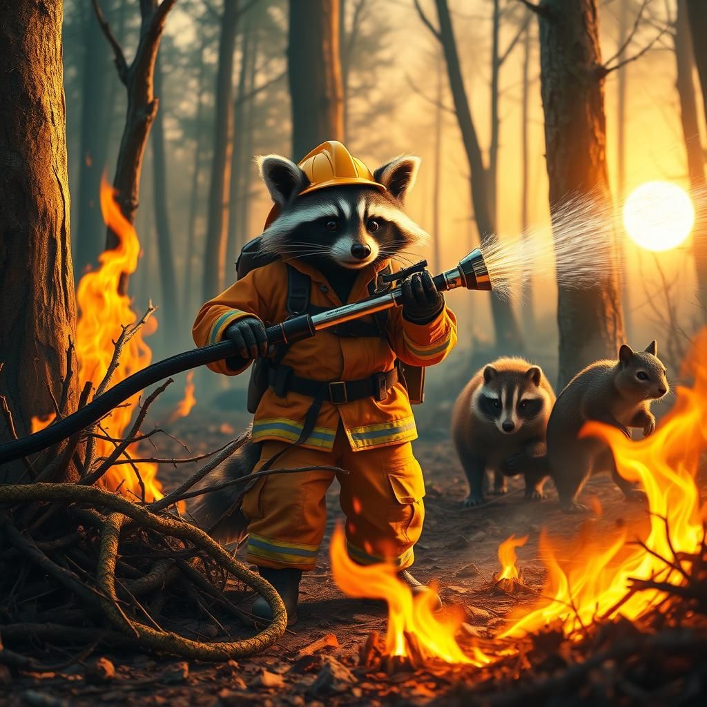 Raccoon Firefighter Battles Forest Fire: Hyper-Realistic Art
