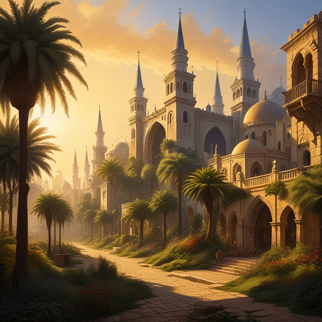 Majestic Fantasy Metropolis Under Golden Hour