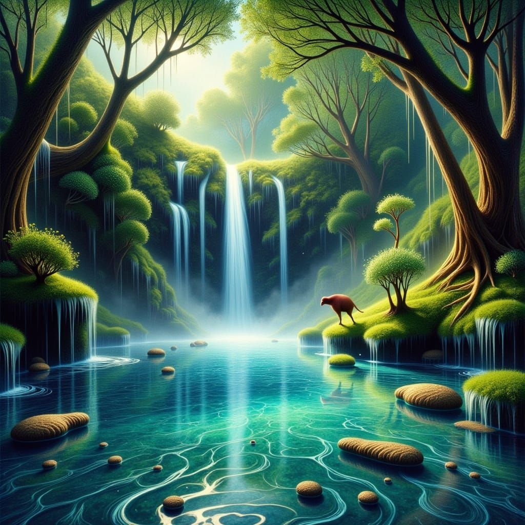 Serene Waterfall Landscape in Watercolor Style