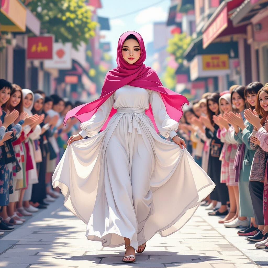 Hijabi Girl Twirling in Bustling Street, Murakami Style