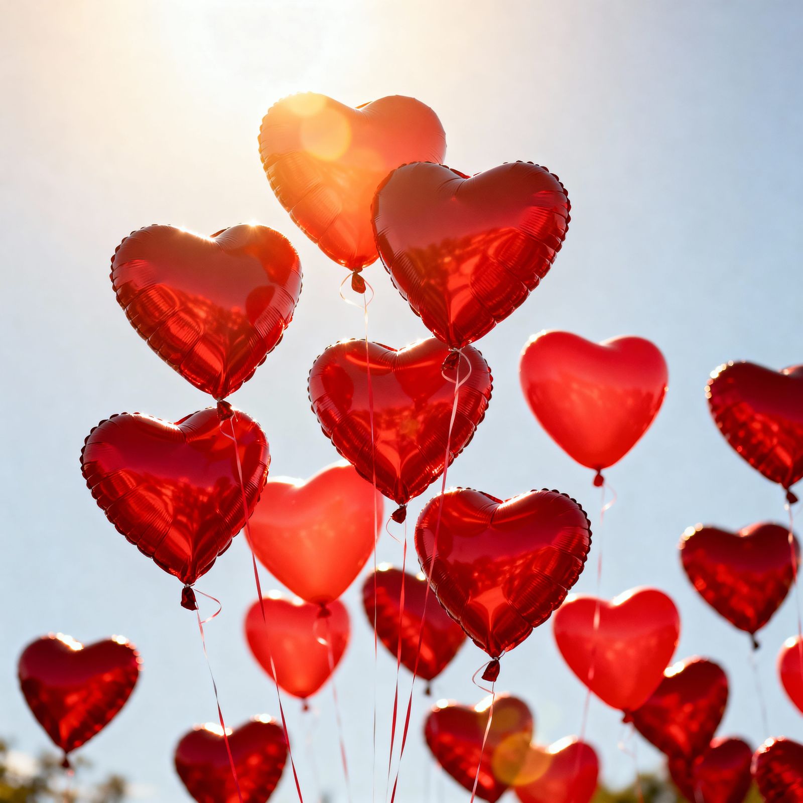 Vibrant Red Heart Balloons Float in Sunny Sky