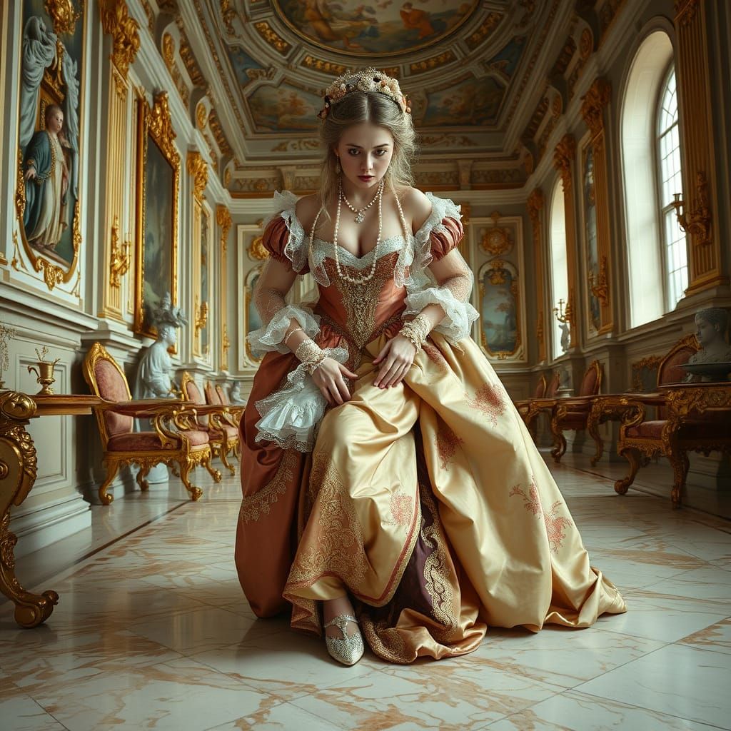 Elegant 18th-century woman in lavish Rococo, moment of disarrangement