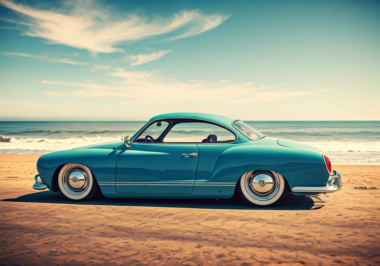 VW Karmann Ghia on California Beach in Digital Art Style