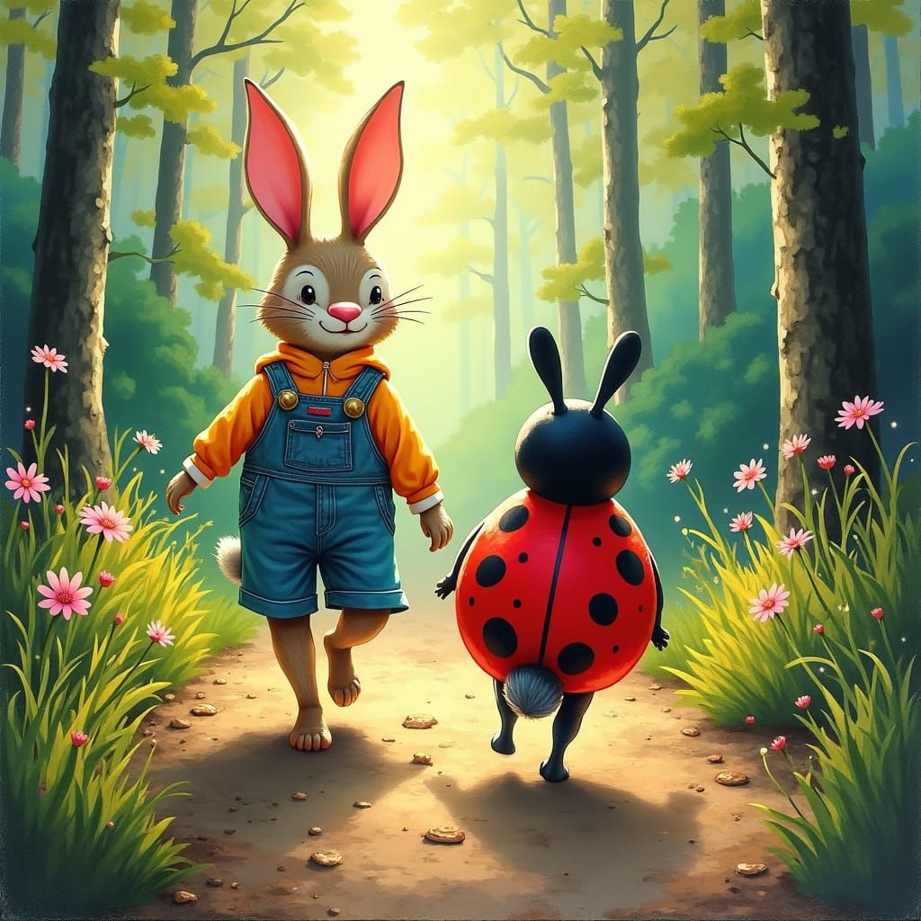 Bunny and Ladybug's Forest Adventure in Gouache Style
