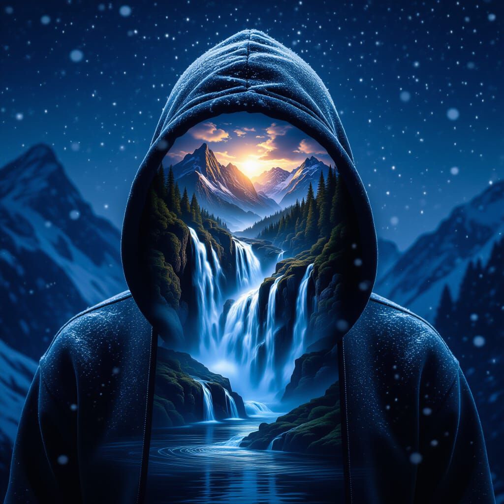 Shadow Figure With Waterfall Landscape Inside Hood