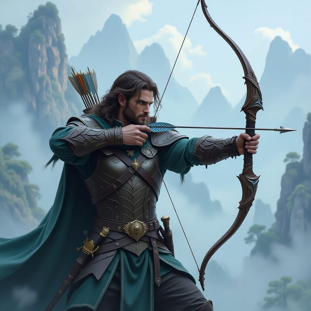 Dragon-Human Archer in Ethereal Fantasy Landscape