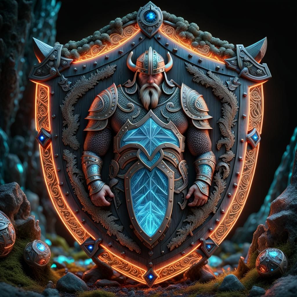 Neon Viking Shield in Bioluminescent 3D