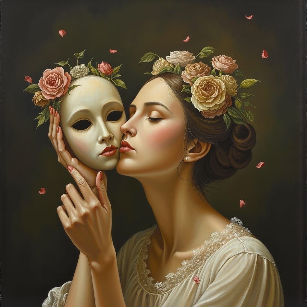 Ethereal Woman Removes Mask in Dreamy Digital Painting