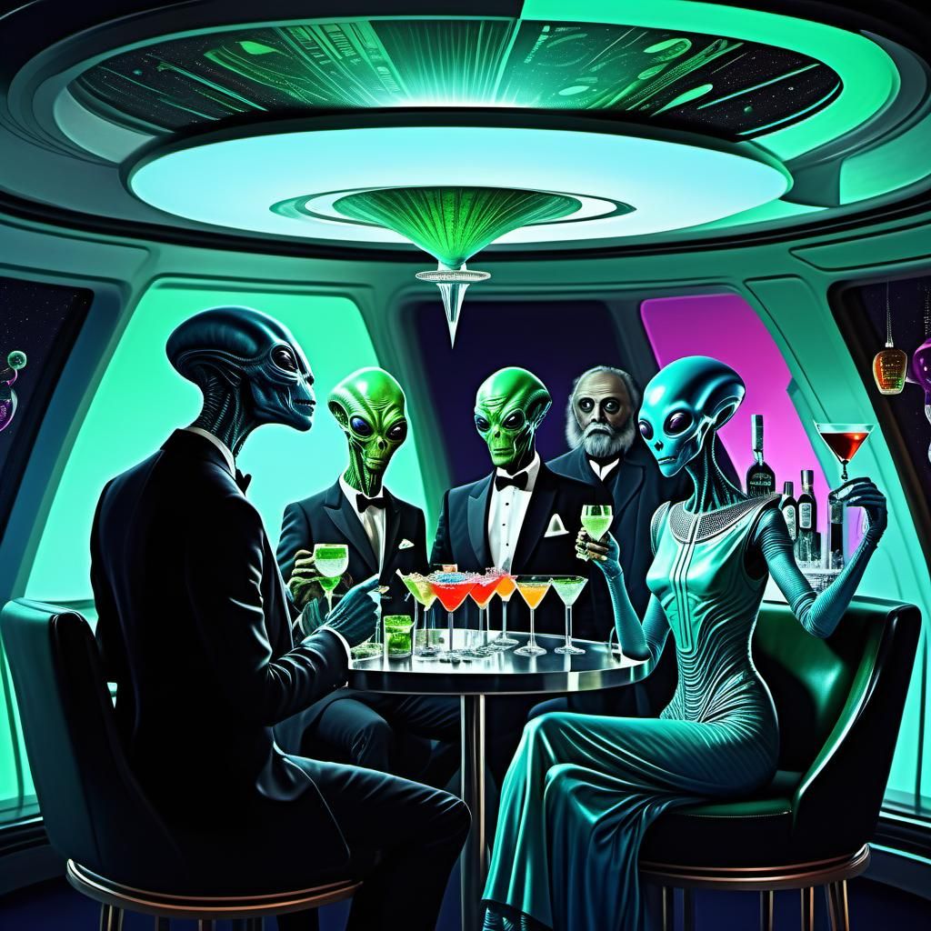 Alien Diplomats Schmoozing in Retro-Futurist Utopia