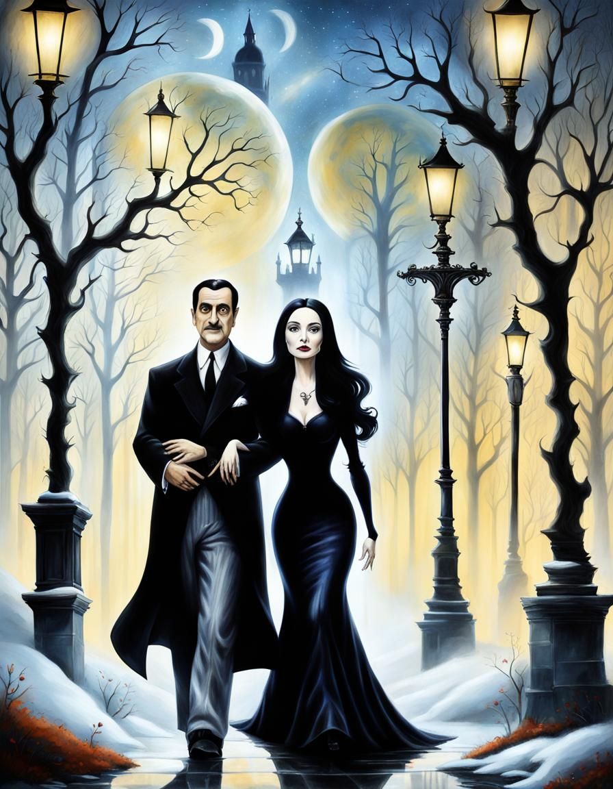 Morticia and Gomez taking a night walk.