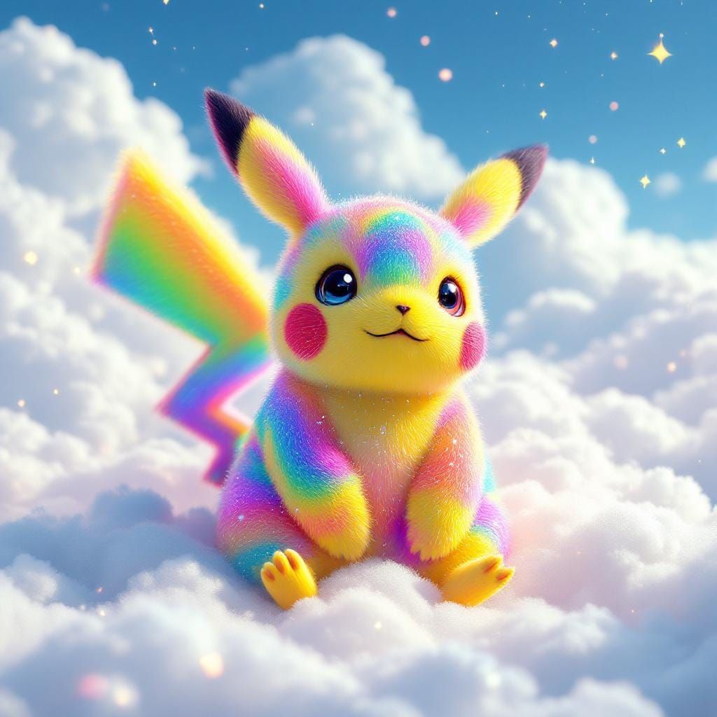 Rainbow Pikachu on Clouds in 3D Anime Style