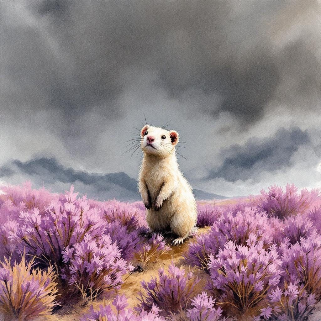 A curious inquisitive stoat standing up on a windswept heath...