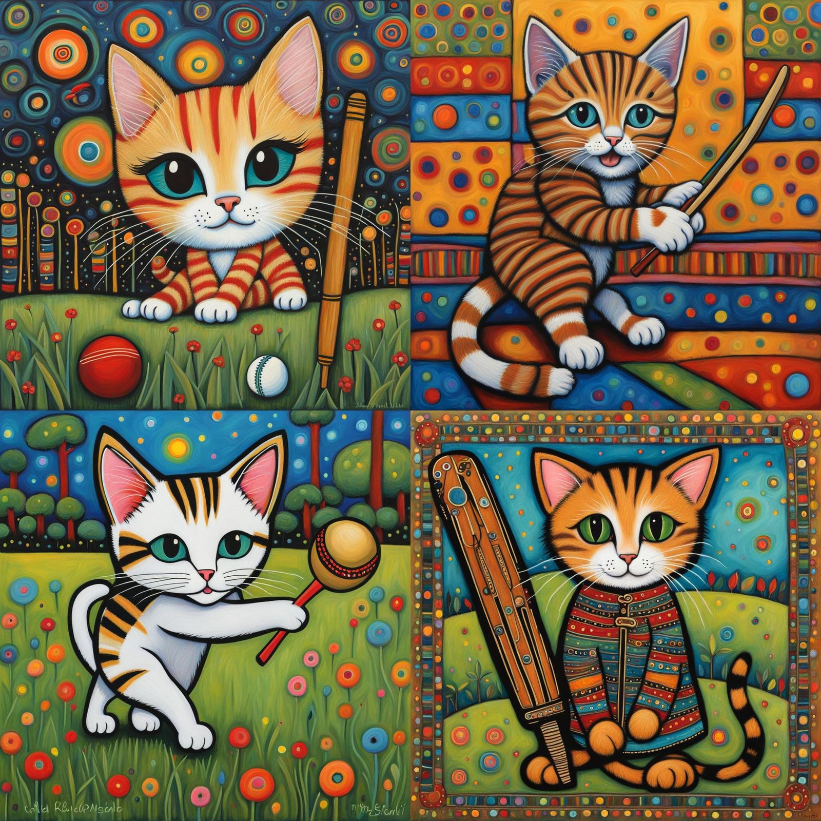 Kitten Playing Cricket in Folk Art Style