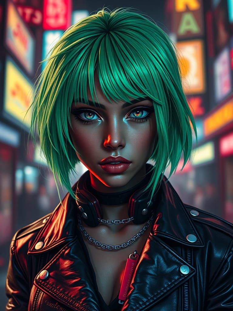 Cyberpunk Girl with Neon Hair in Cityscape