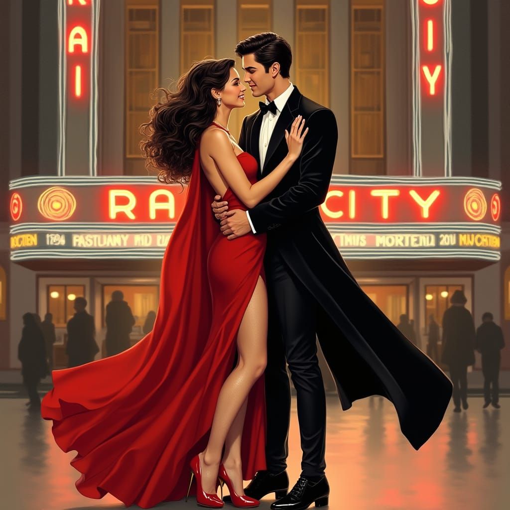 Romantic Couple Embracing in Front of Iconic Radio City Musi...
