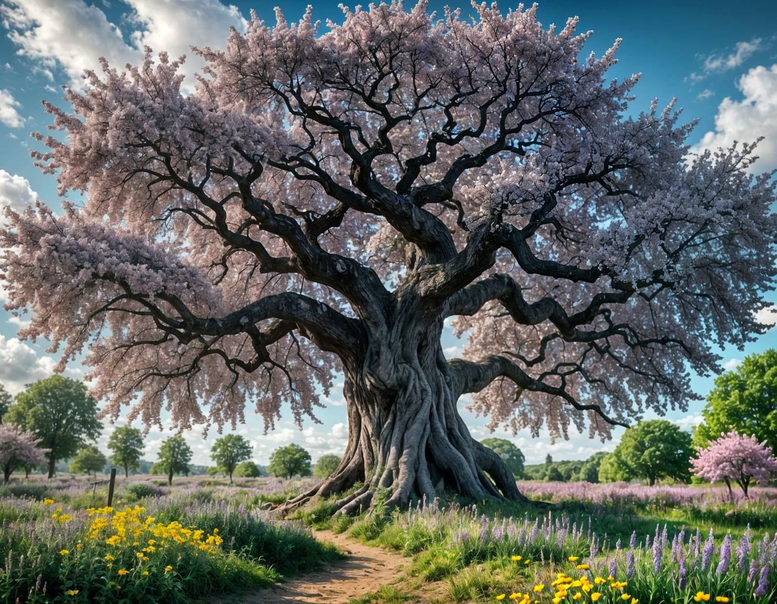 Ethereal Black Cherry Tree in Vibrant Wildflowers