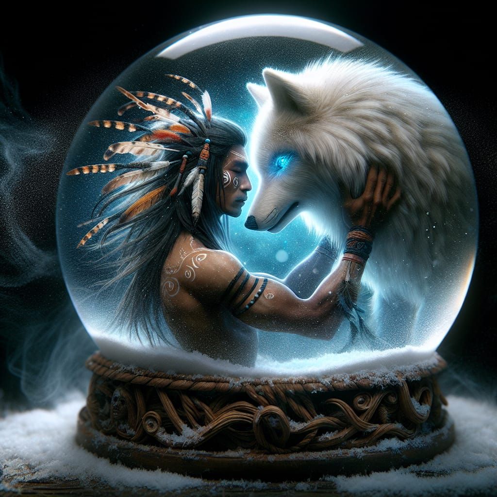 Mystical Warrior and Wolf Bond in Snow Globe