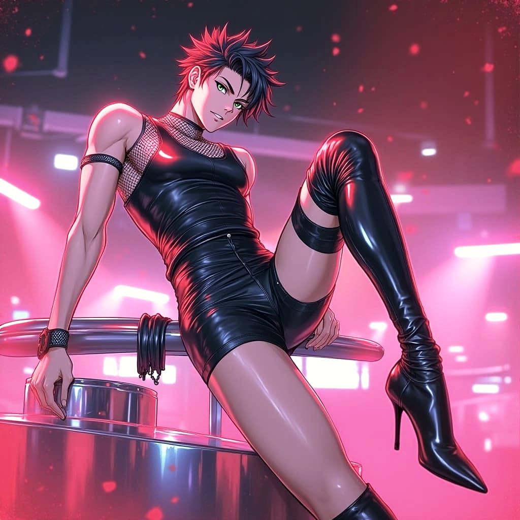 Anime Man in Nightclub: Sharp Features, Red Light Glow