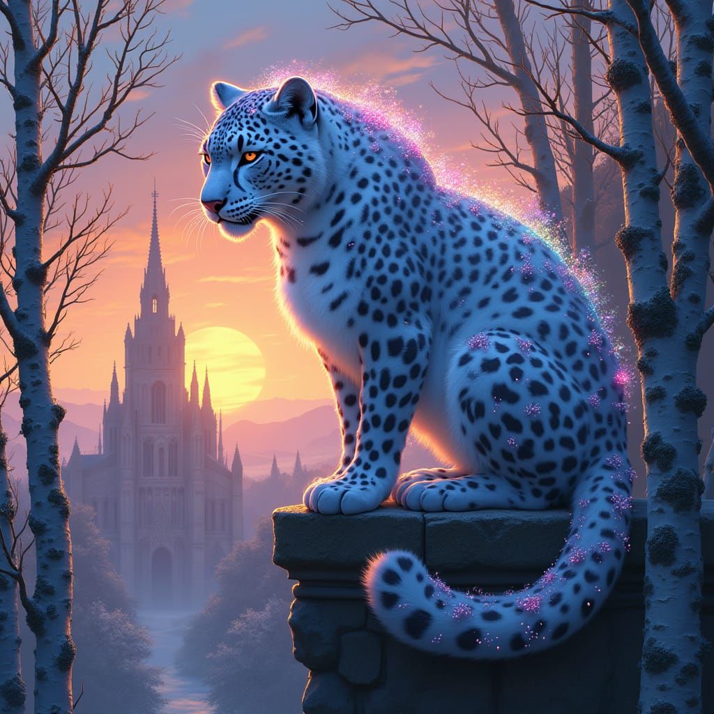 Ethereal Snow Leopard Adorns Gothic Cathedral in Vibrant Fan...