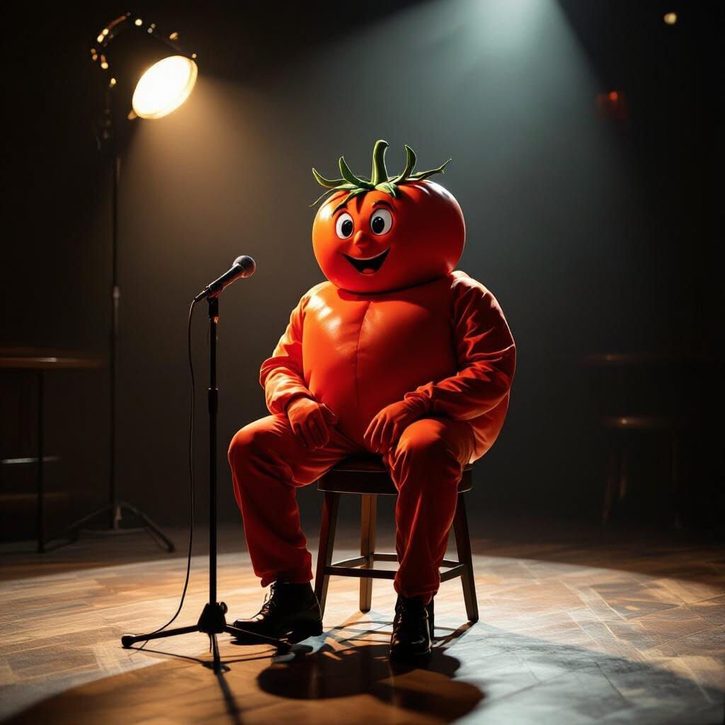 Man in Tomato Costume on Bar Stool Under Spotlight