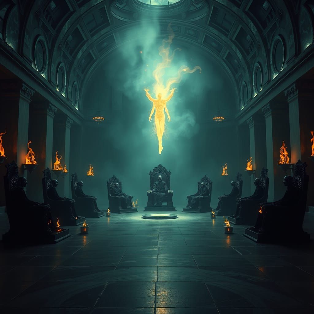 Surreal Tribunal of the Dead in an Obsidian Underworld Hall