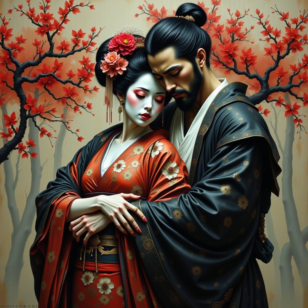 Mourning Geisha with Samurai in Digital Painting Style