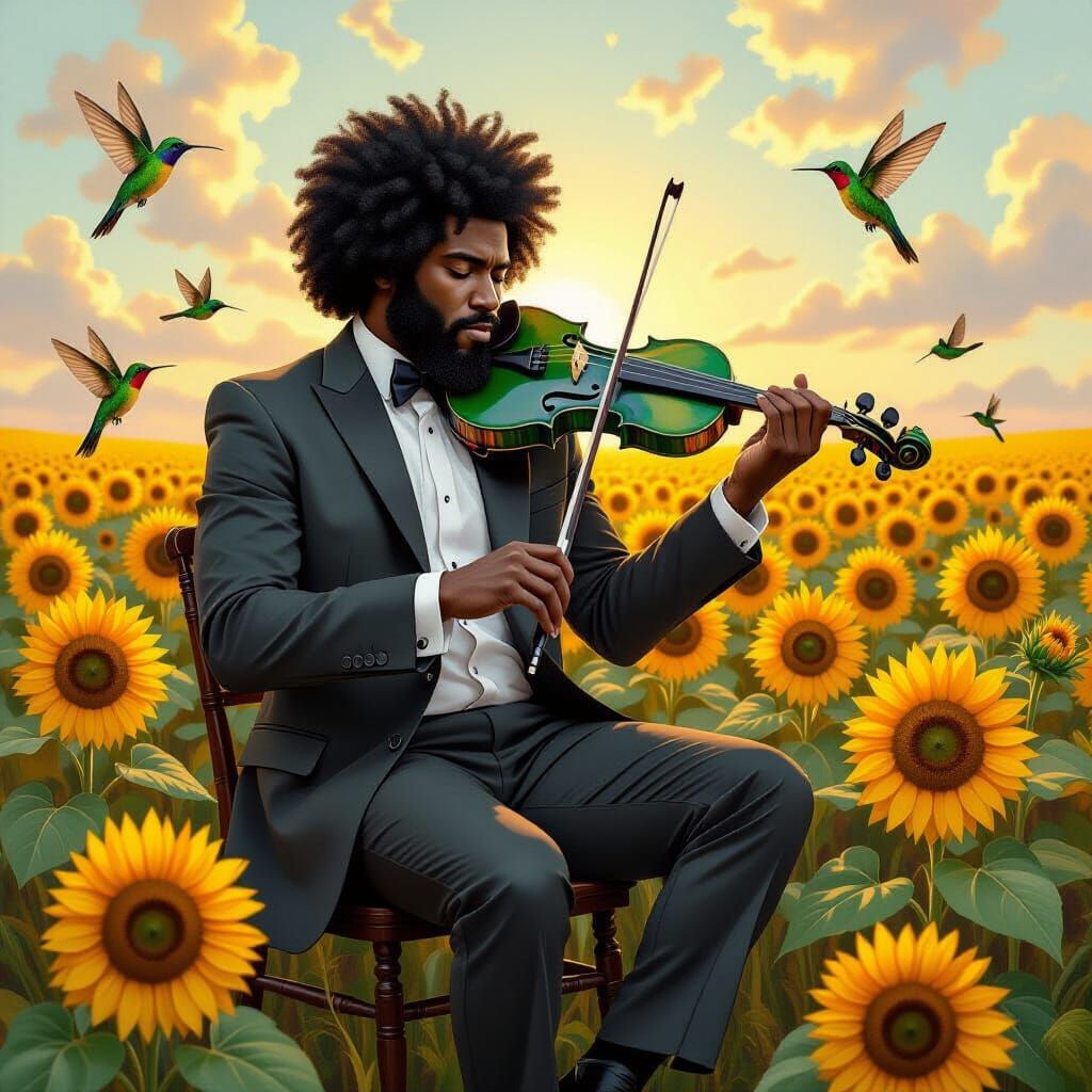 Man Plays Violin in Sunflower Field with Hummingbirds