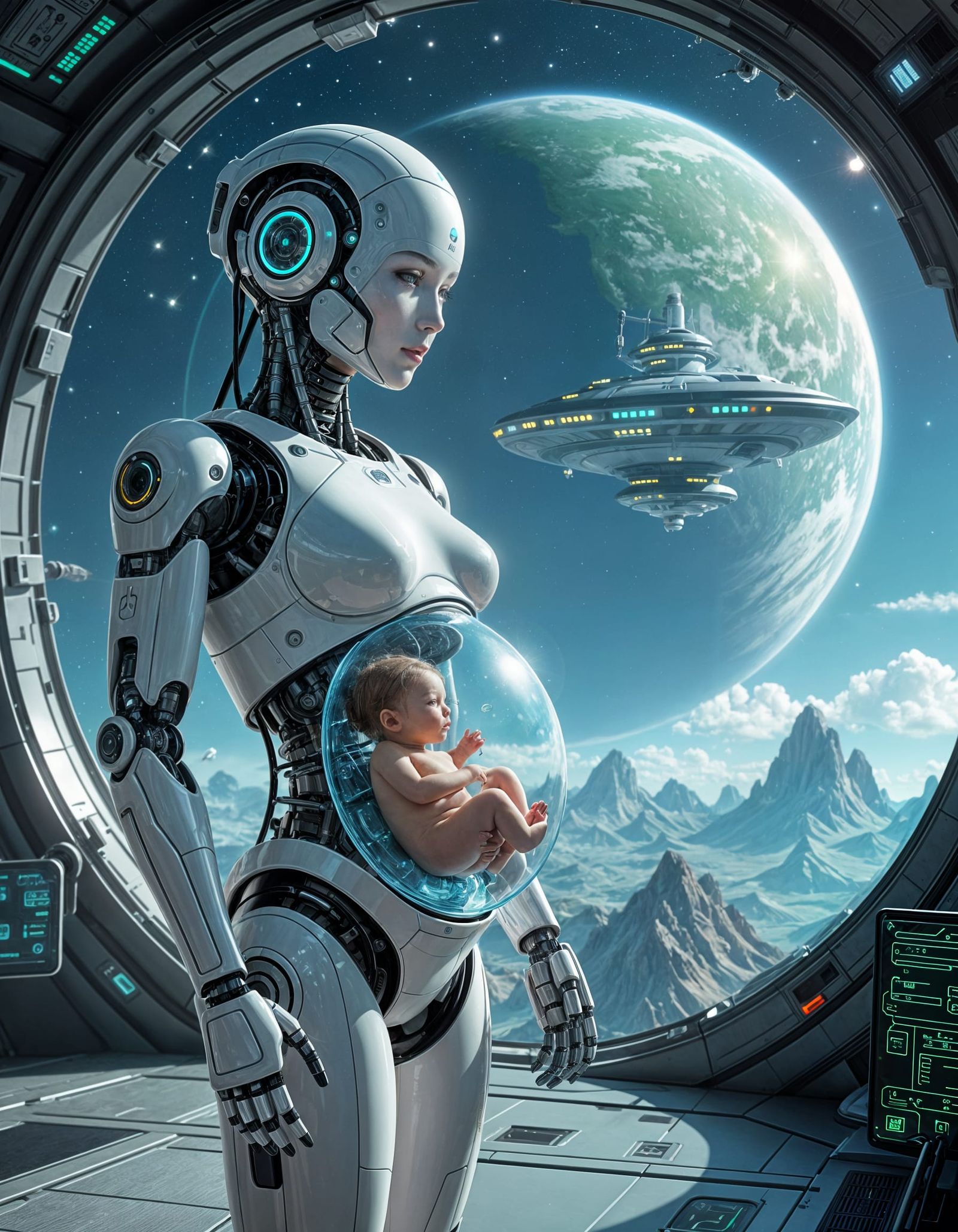 A android carrying a 8 month fetus in a colony ship above our new home.