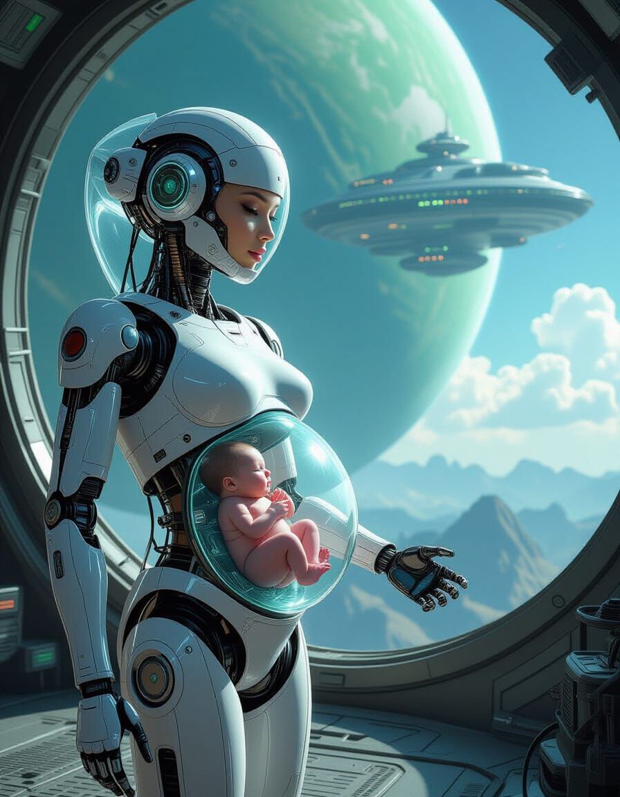 A fully robotic android carrying a 8 month fetus in her transparent glass belly. Inside a beautiful colony spaceship orb...