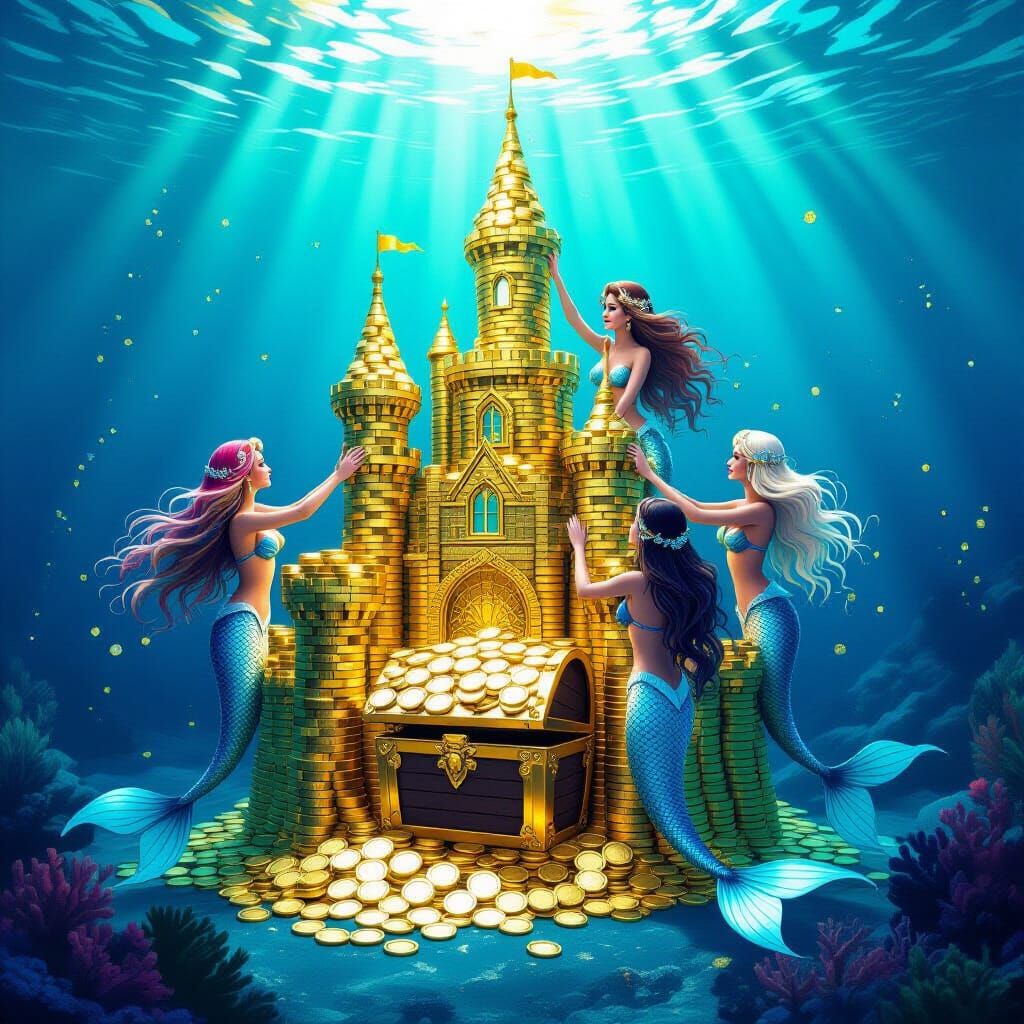 Golden Underwater Castle Built by Mermaids in Deep Ocean