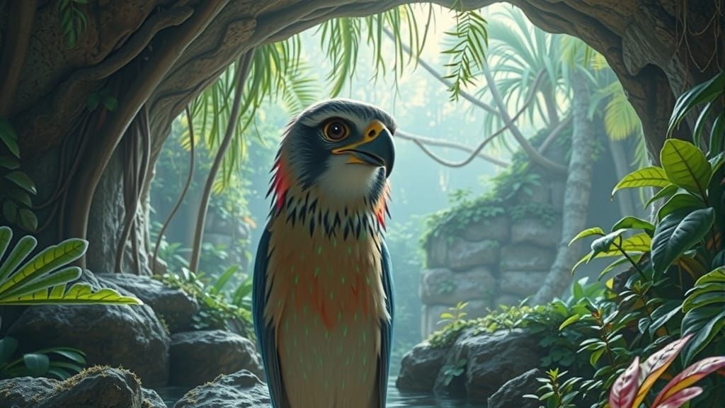 Enchanting Multicolored Falcon in Jungle Cave
