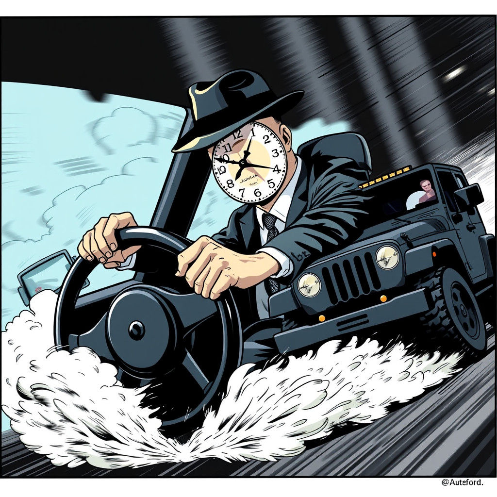 Clock-Faced Man Drifting Jaguar in Car Chase