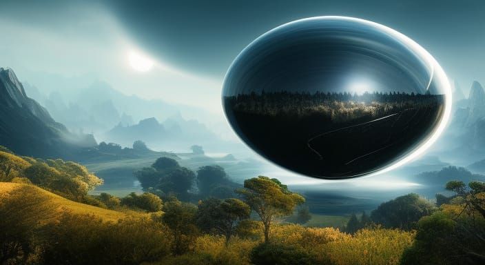 Floating Obsidian Orb in Ethereal Landscape