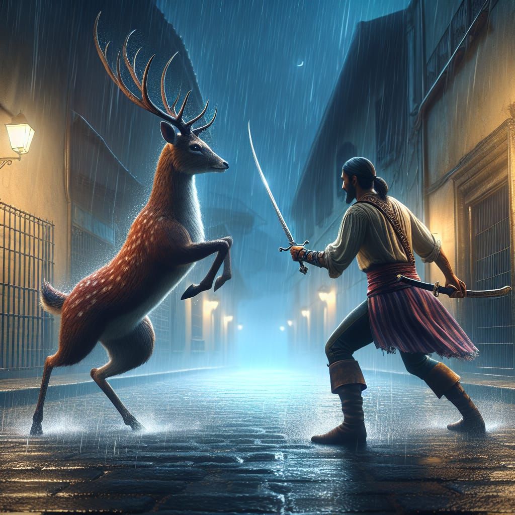 Deer-Man Duel in the Rain: Fantasy Concept Art