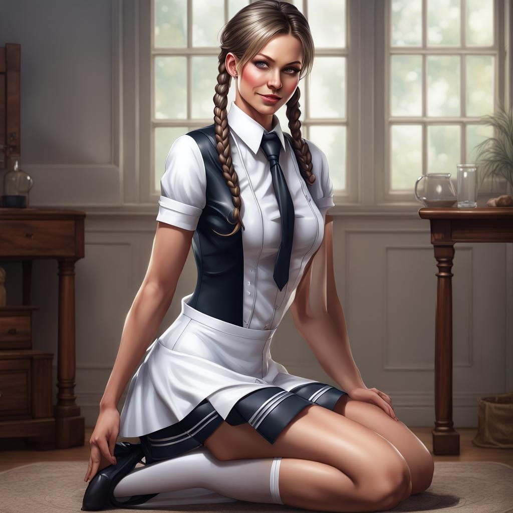 Hyperrealistic Maid Portrait in Latex Uniform