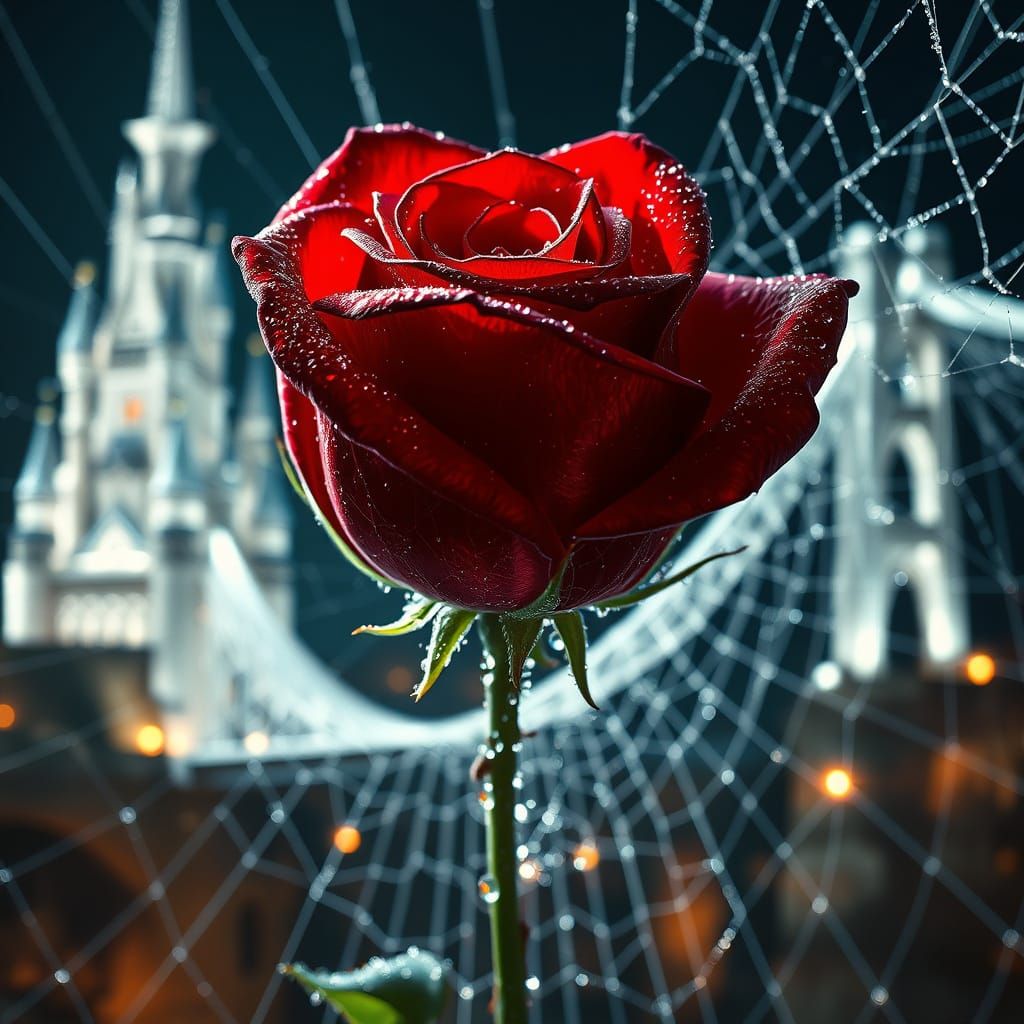 Crimson Rose & Silver Web Castle in Double Exposure