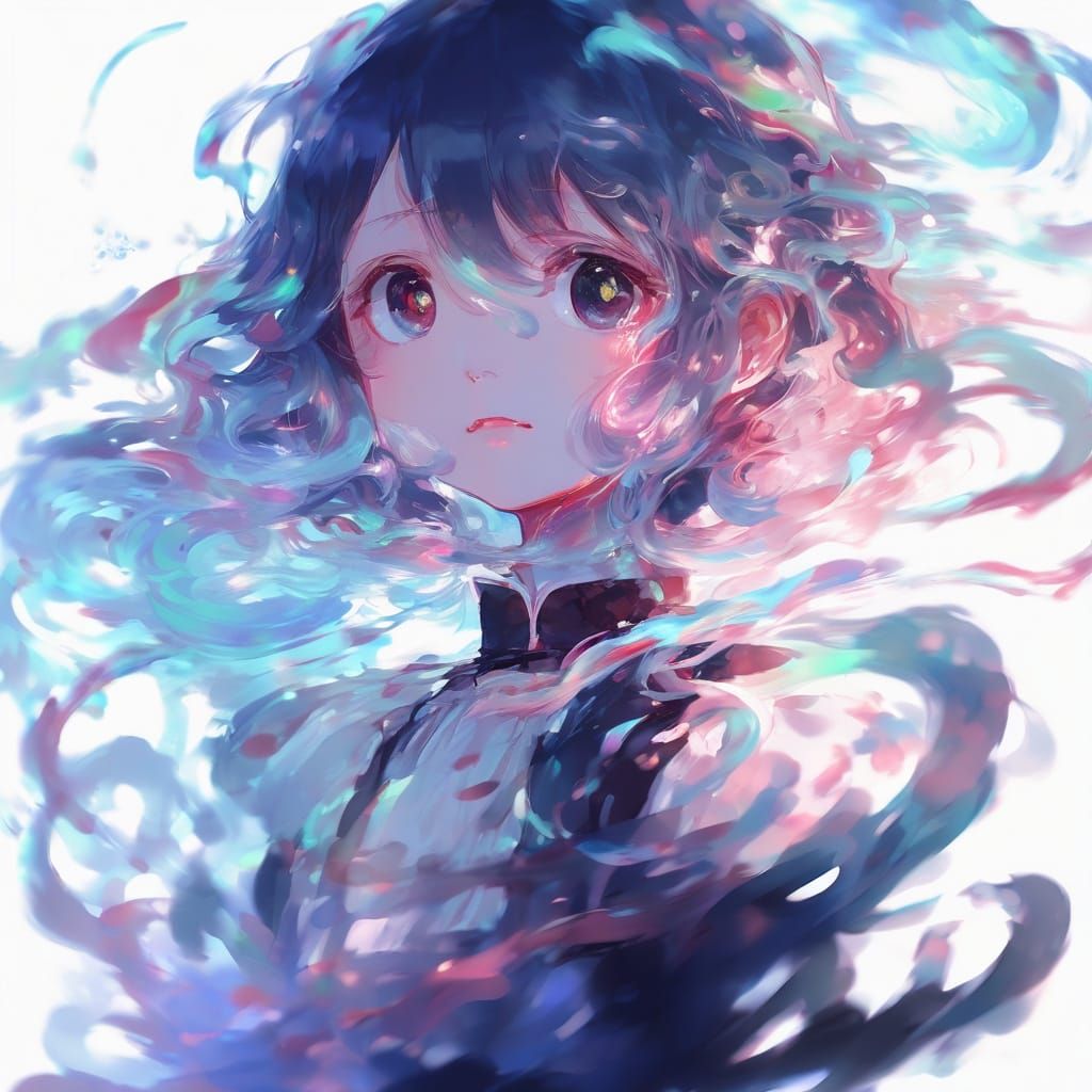 Impressionistic Portrait with Anime Jelly Eyes and Angel Win...