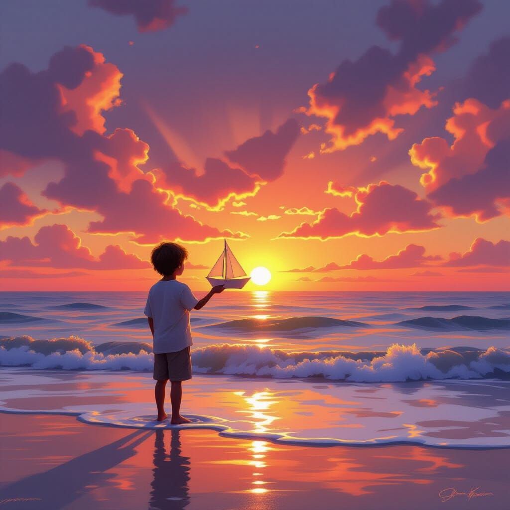 Boy Holds Paper Boat at Sunset, Digital Painting