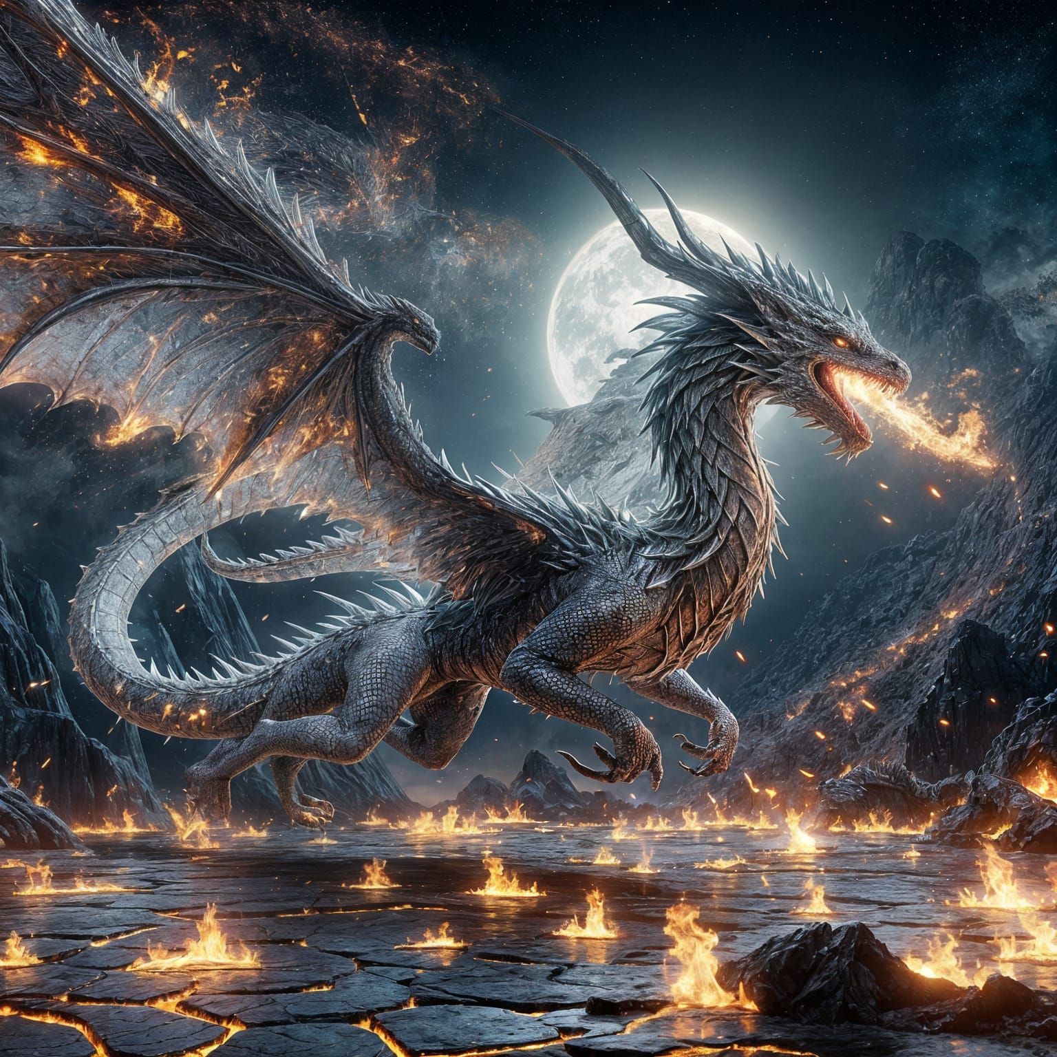 Majestic Silver Flame Dragon Soaring at Night