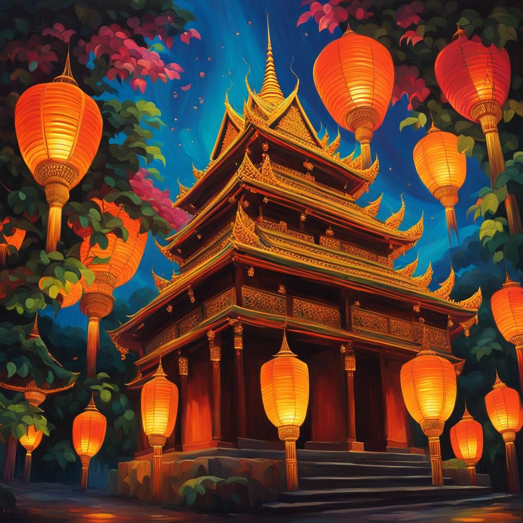 Ornate Thai Temple Illuminated at Night