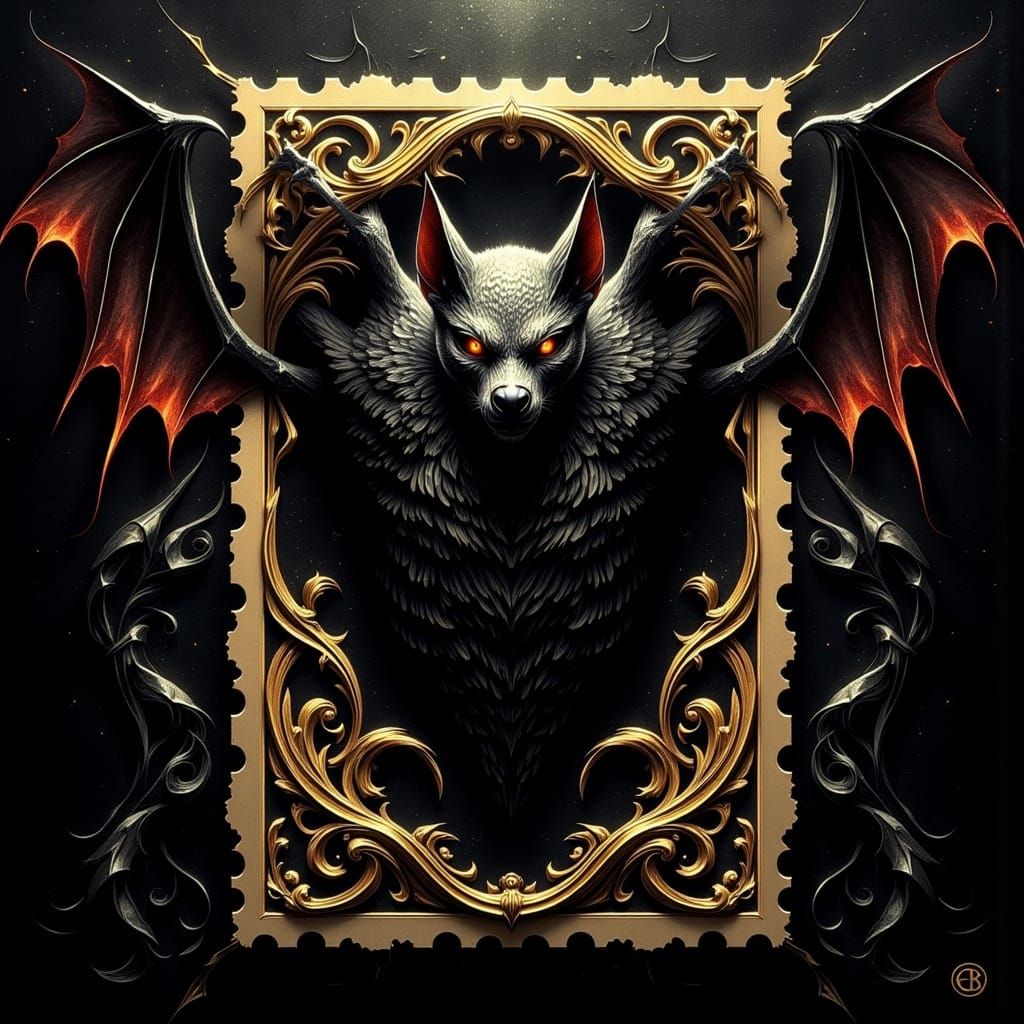 Sinister Bat Creature Emerges from Vintage Stamp