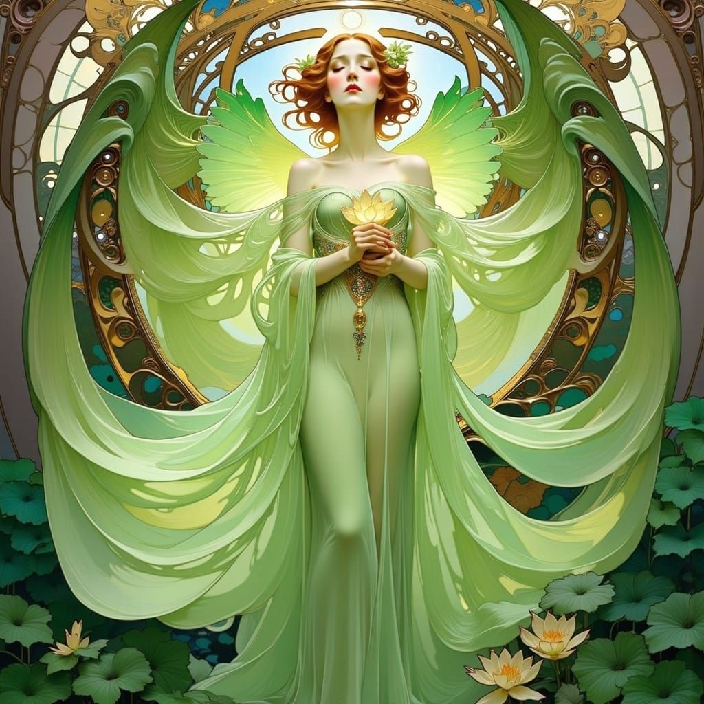 Art Nouveau Mother with Apple Green Wings