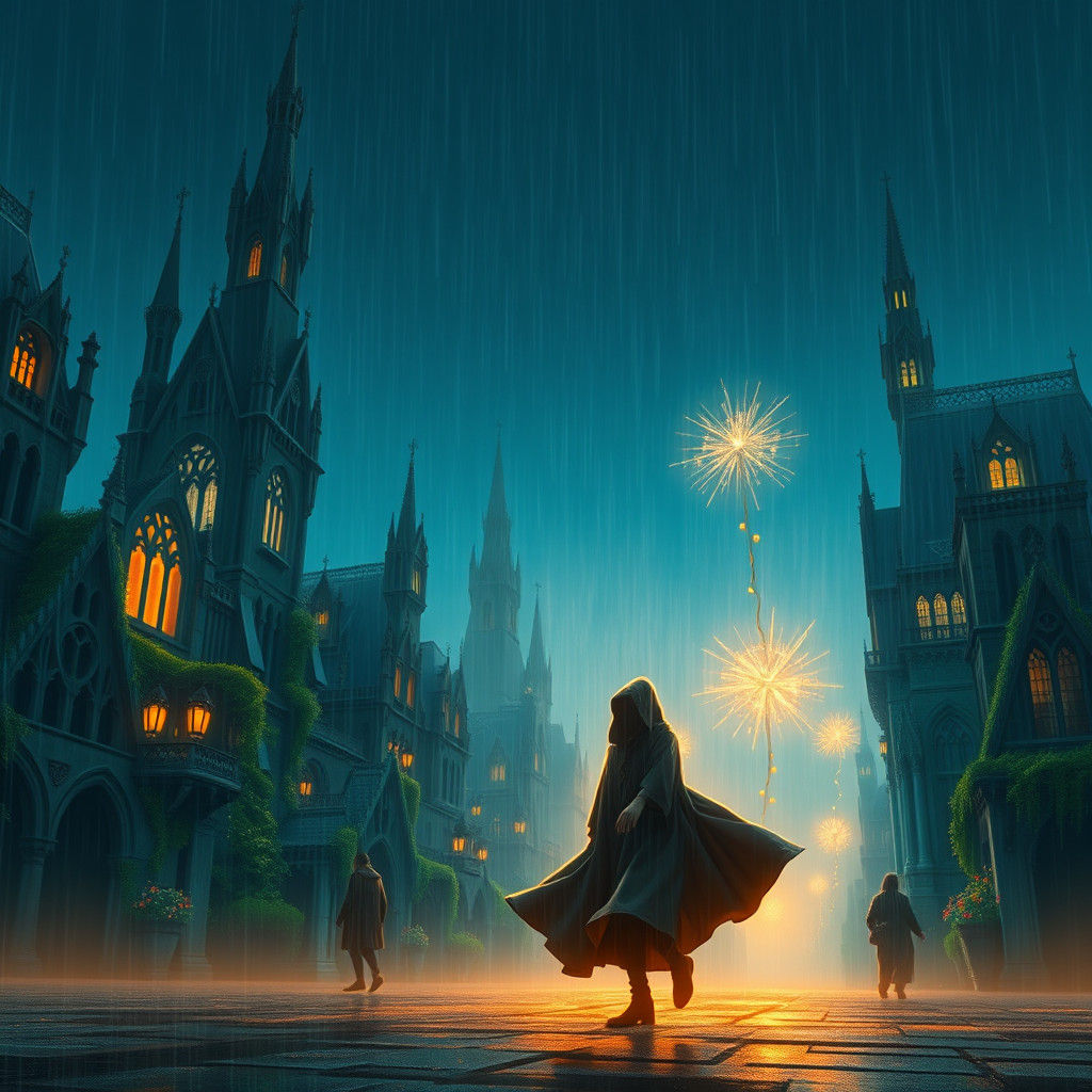 Mysterious Figure Dances in the Rain, Amidst a Dreamlike Cit...