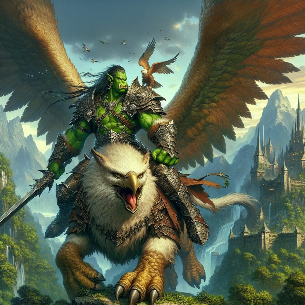 Epic Fantasy Warrior Princess Rides Majestic Griffin into Ba...