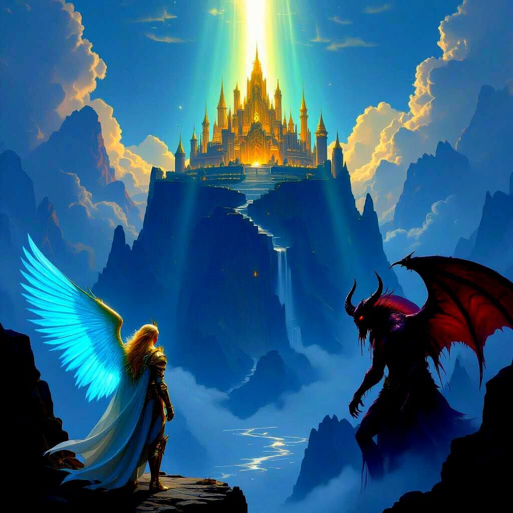 Kingdom on Mountain Plateau with Light Hero