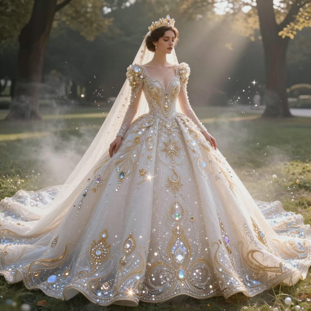Ethereal Diamond Wedding Dress with Gold Embroidery