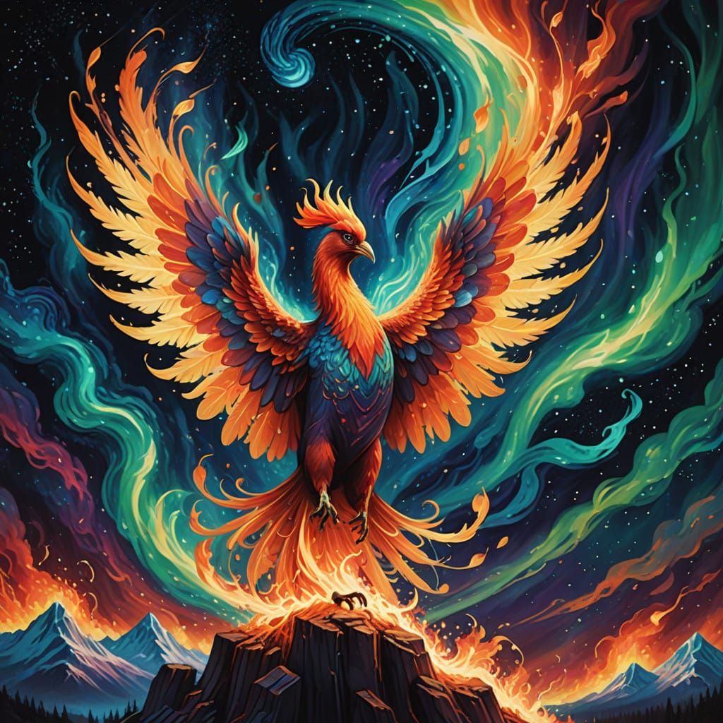 Phoenix Rises in Cosmic Flames with Lightning and Northern L...